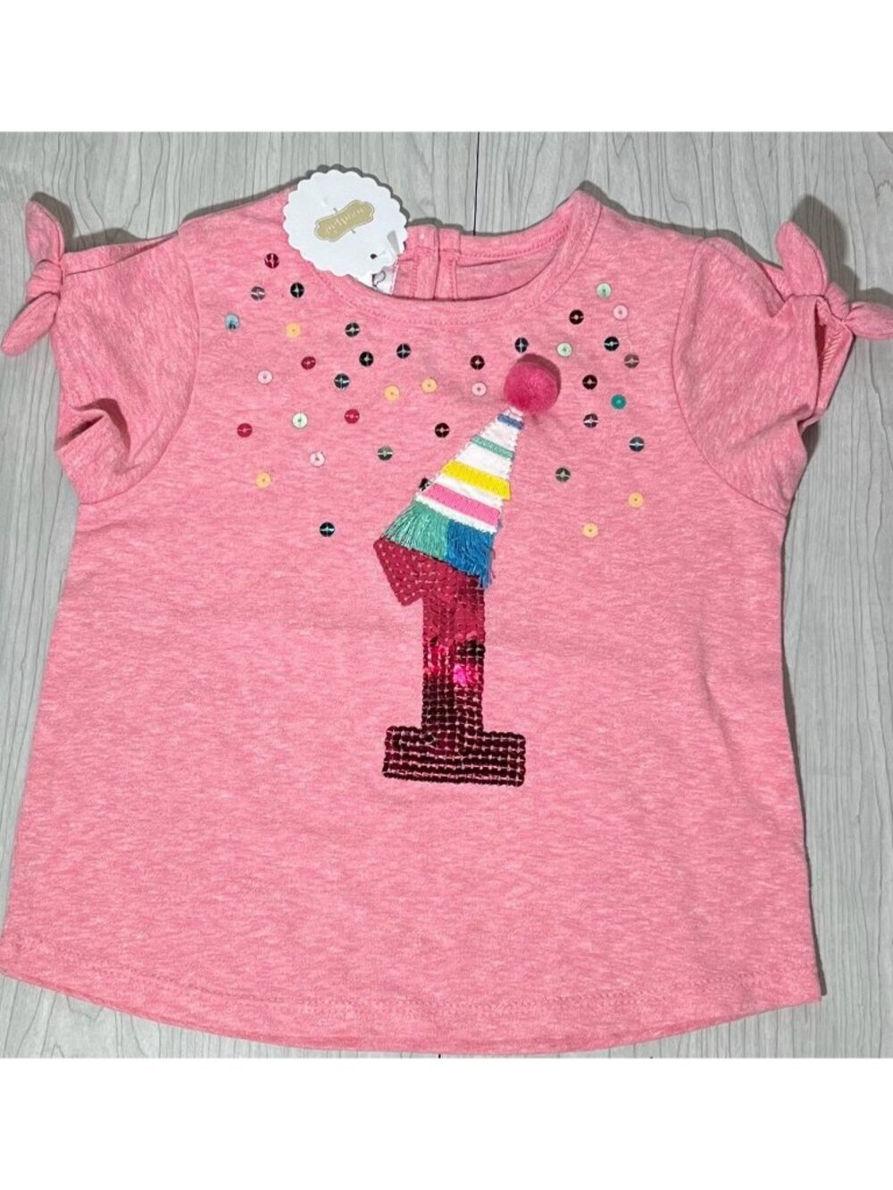 Mud Pie 12-18m NWT pink Birthday One 1st 1 bday shirt sequin applique party hat